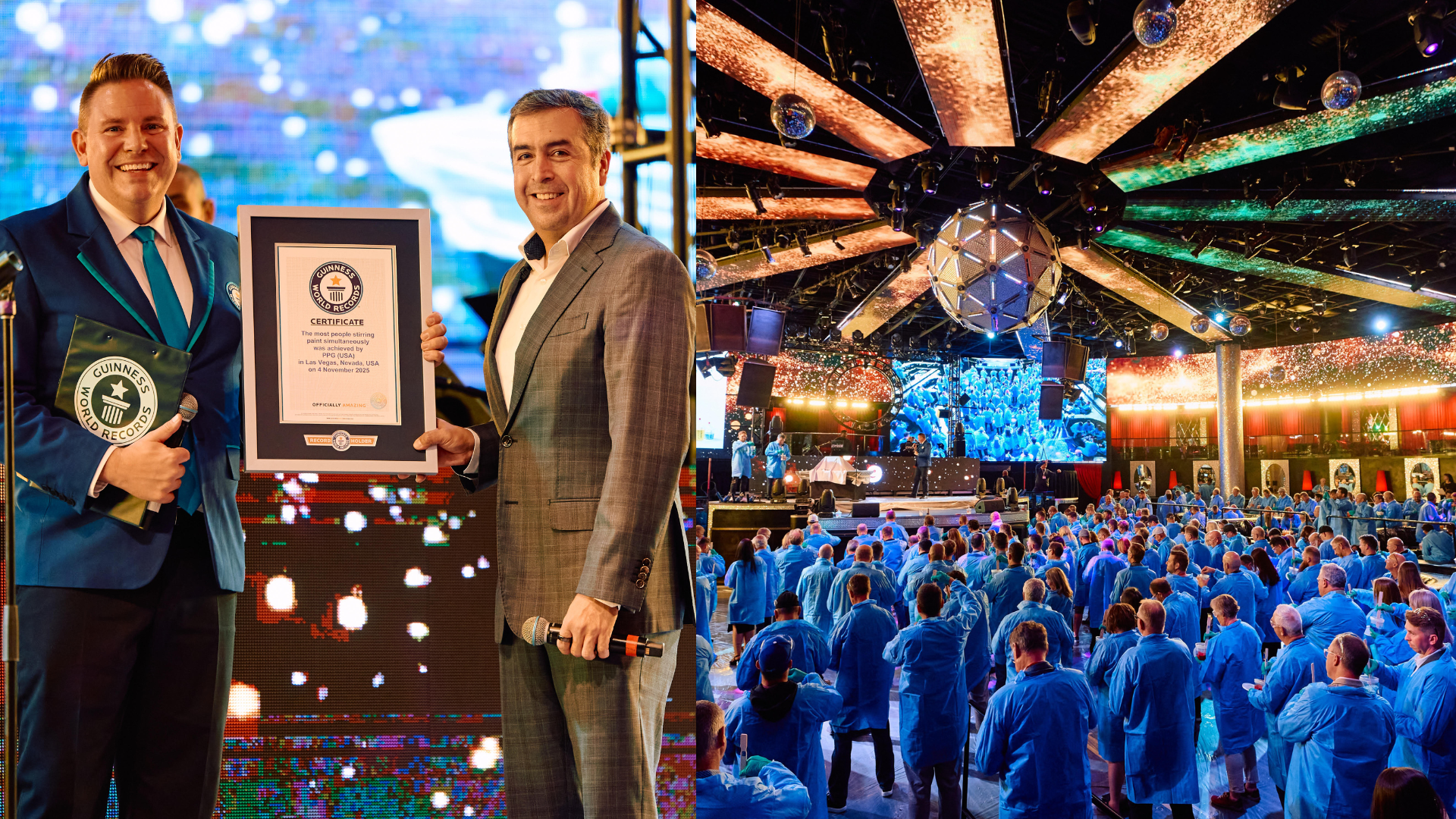 Guinness World Records ceremony with large crowd in blue attire and celebratory backdrop