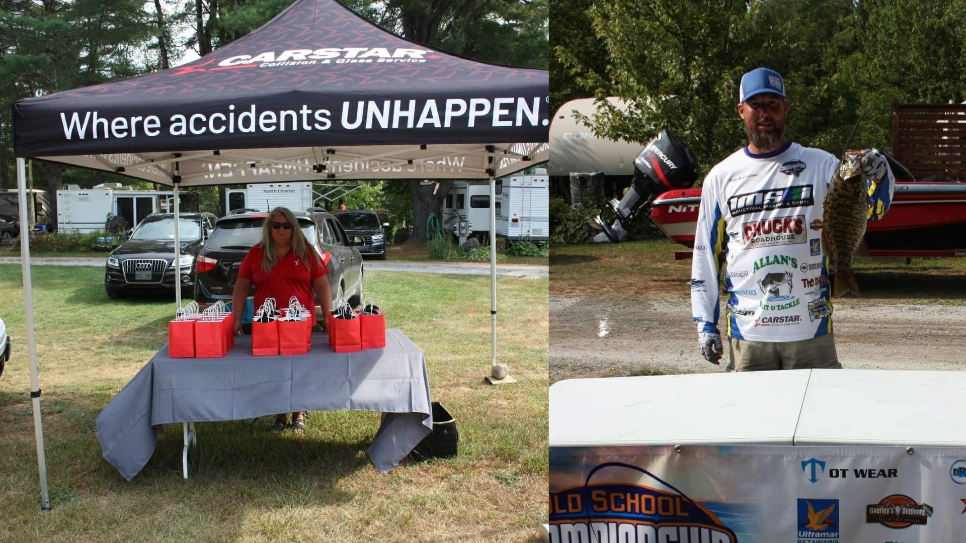 Safety event with Carstar tent, branded promotional booth, and fishing tournament participant