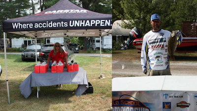 Safety event with Carstar tent, branded promotional booth, and fishing tournament participant