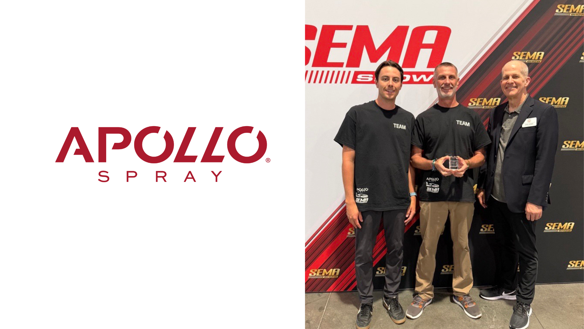 Apollo Spray red and white logo with team members at SEMA Show event