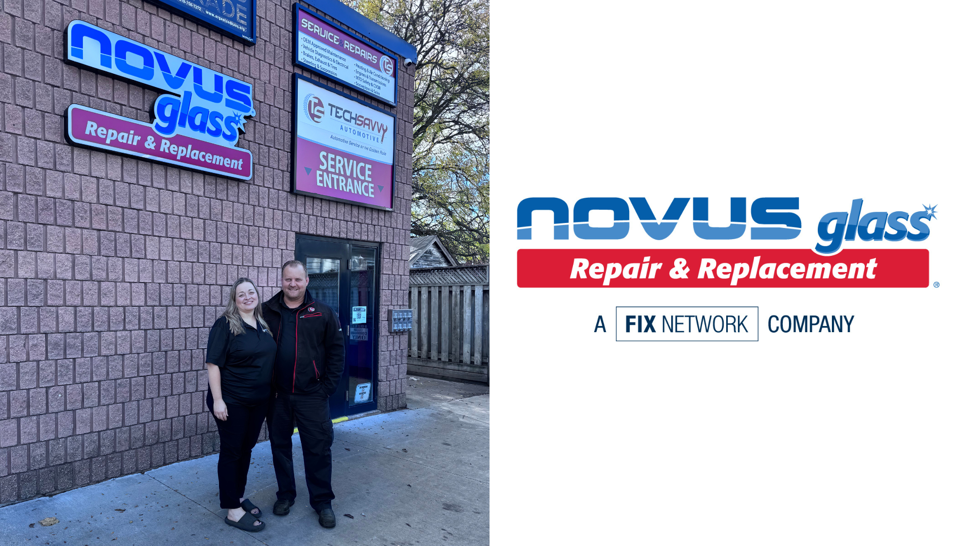 Novus Glass Repair & Replacement storefront with two employees standing outside