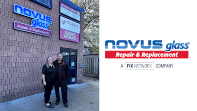 Novus Glass Repair & Replacement storefront with two employees standing outside