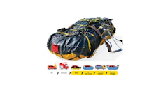 Cargo package wrapped in blue and yellow tarp with transportation progression icons