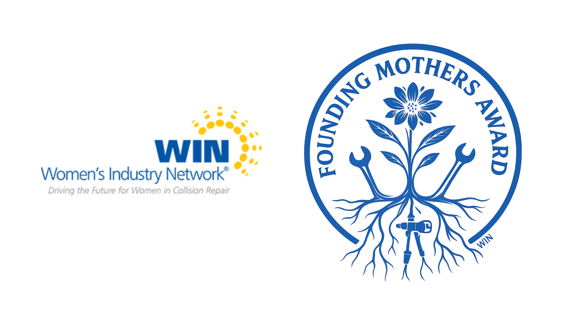 WIN Women's Industry Network and Founding Mothers Award logos in blue and yellow