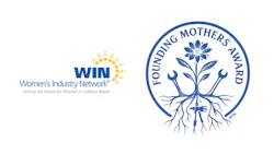 WIN Women's Industry Network and Founding Mothers Award logos in blue and yellow