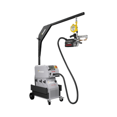 Mobile industrial welding machine with robotic arm and control panel