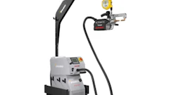 Mobile industrial welding machine with robotic arm and control panel