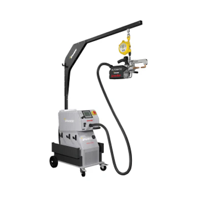 Mobile industrial welding machine with robotic arm and control panel