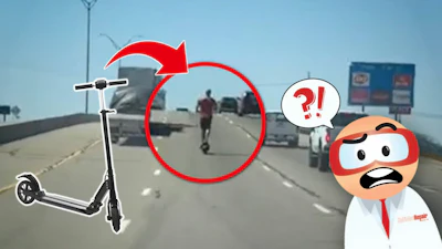 Electric scooter on highway with shocked cartoon character and person riding