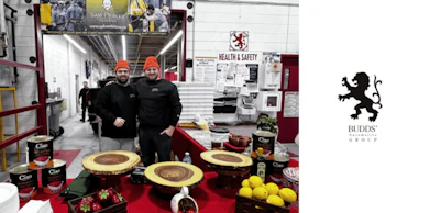 Budds' Group logo with industrial kitchen display of desserts and workers