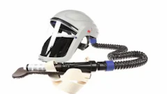 White protective respirator helmet with flexible air hose