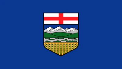 Alberta provincial flag with mountains, wheat fields, and red and white banner