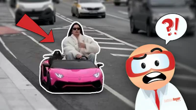Cartoon character looks shocked at person in pink sports car on city street