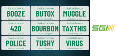 SGI Saskatchewan license plates with humorous word combinations
