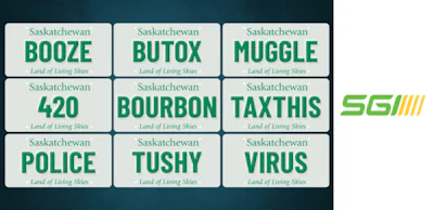 SGI Saskatchewan license plates with humorous word combinations