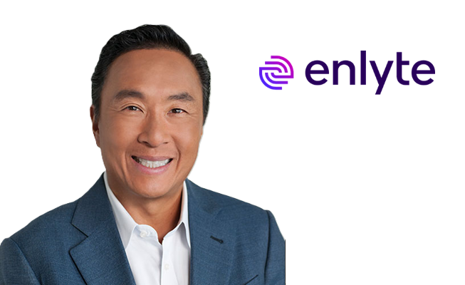 Enlyte corporate logo with smiling professional in blue suit