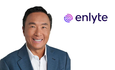 Enlyte corporate logo with smiling professional in blue suit