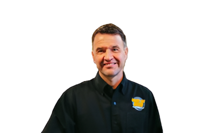 Smiling middle-aged man in black shirt with blue and yellow logo