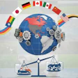Global trade concept with world map, international flags, gears, and balance scale