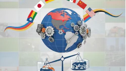 Global trade concept with world map, international flags, gears, and balance scale
