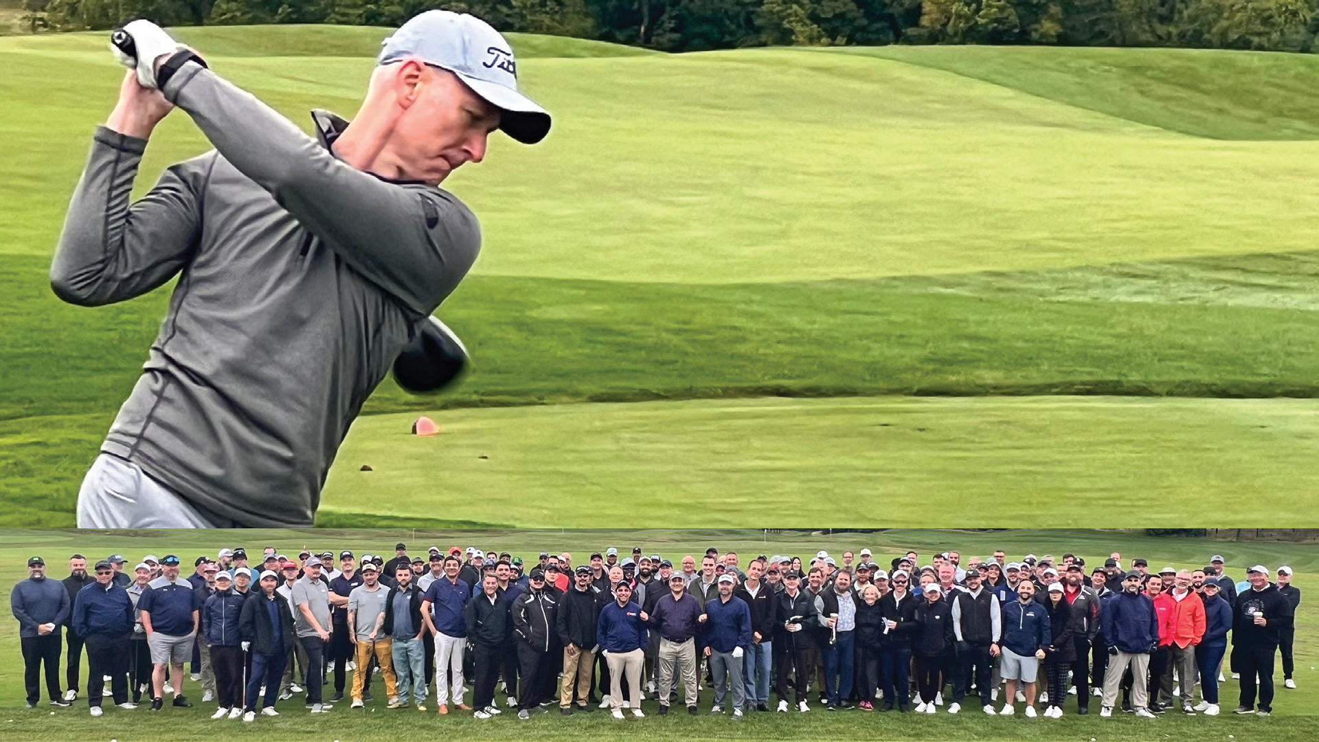 Golfer in gray outfit swinging club with large group posing on green golf course