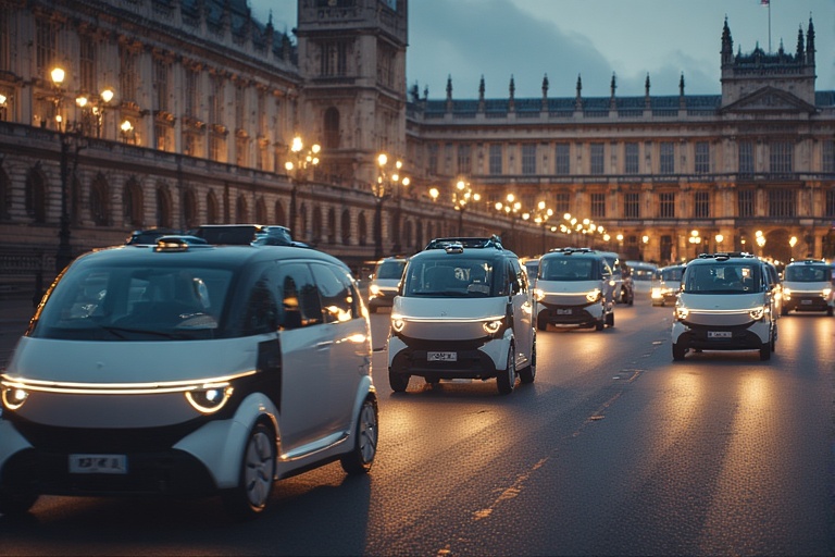 Electric vehicles driving at dusk near ornate historic buildings in London