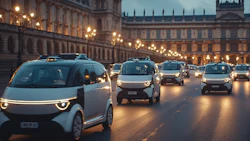 Electric vehicles driving at dusk near ornate historic buildings in London