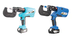 Two battery-powered hydraulic crimping tools in blue and teal colors