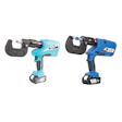 Two battery-powered hydraulic crimping tools in blue and teal colors