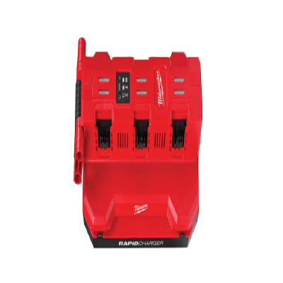 Red Milwaukee multi-battery rapid charger for power tools