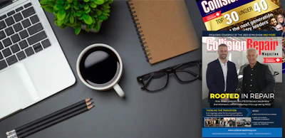 Workspace desk with laptop, coffee, magazines, plant, and glasses