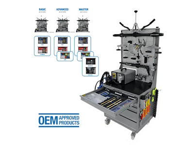 Automotive diagnostic workstation with tool panel and technical monitoring system