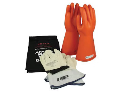 Protective electrical safety gloves in orange and white with packaging