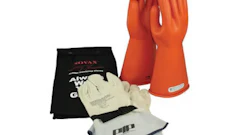 Protective electrical safety gloves in orange and white with packaging