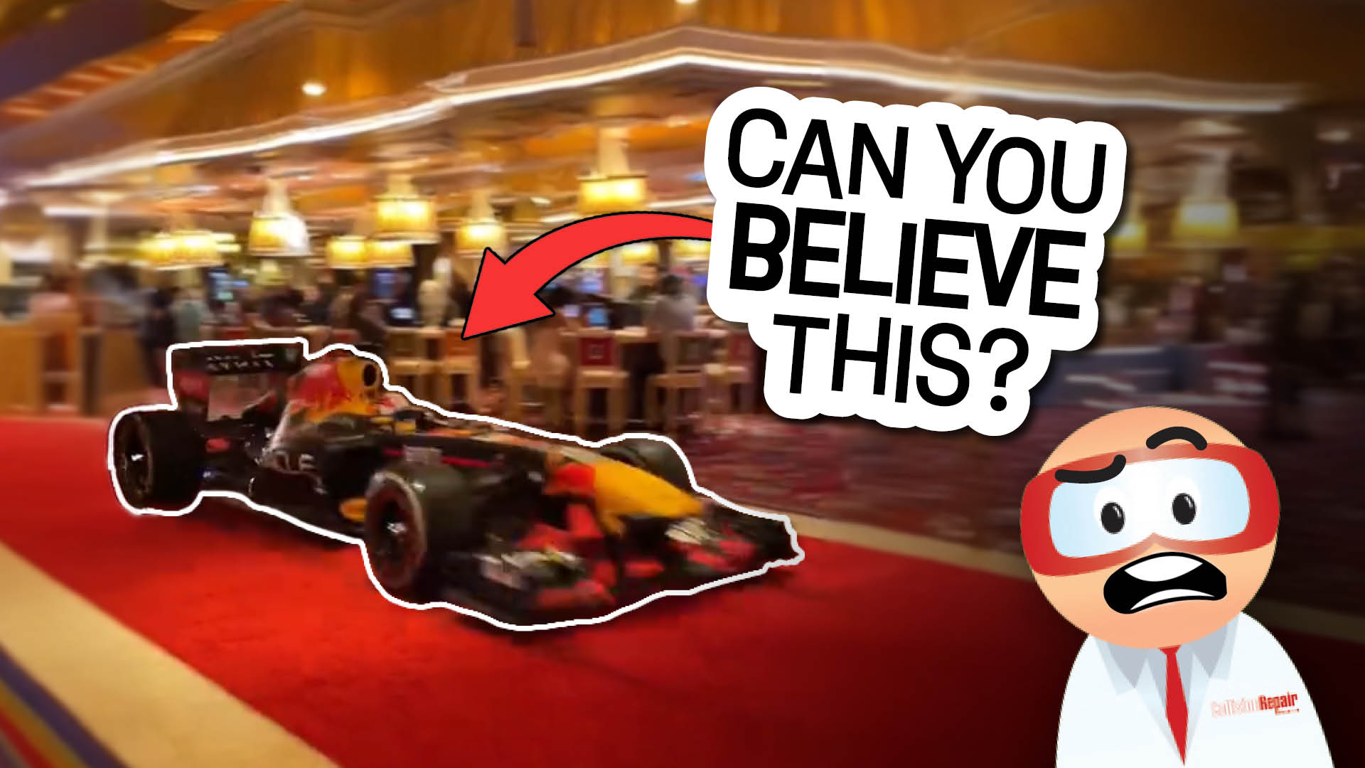 Red Bull Formula 1 race car on red carpet with surprised cartoon character