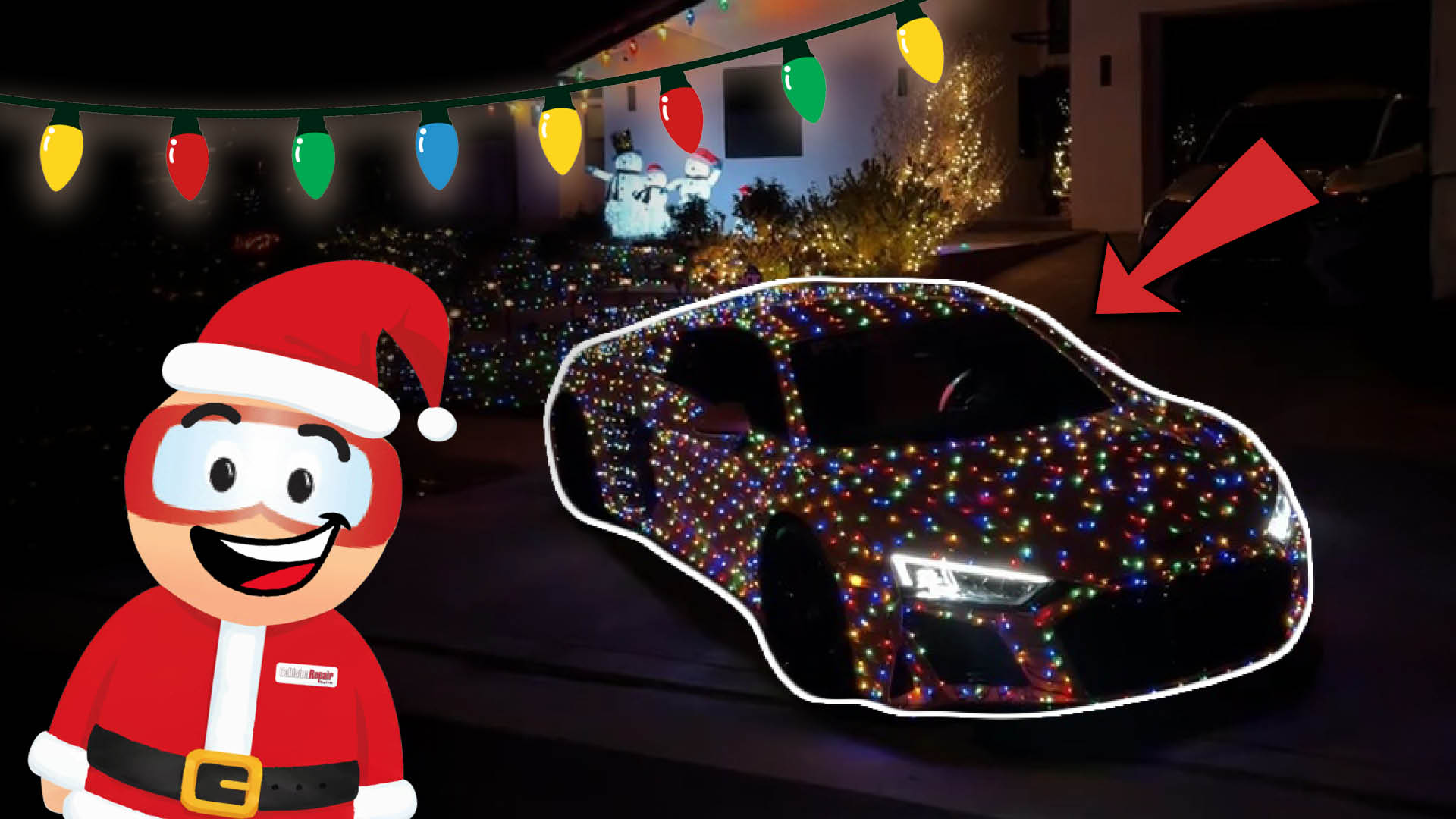 Santa cartoon character next to a car covered in colorful Christmas lights