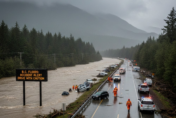 Flooded highway in British Columbia with emergency vehicles and rescue workers