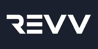 REVV logo in white angular letters on dark background