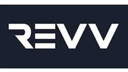REVV logo in white angular letters on dark background