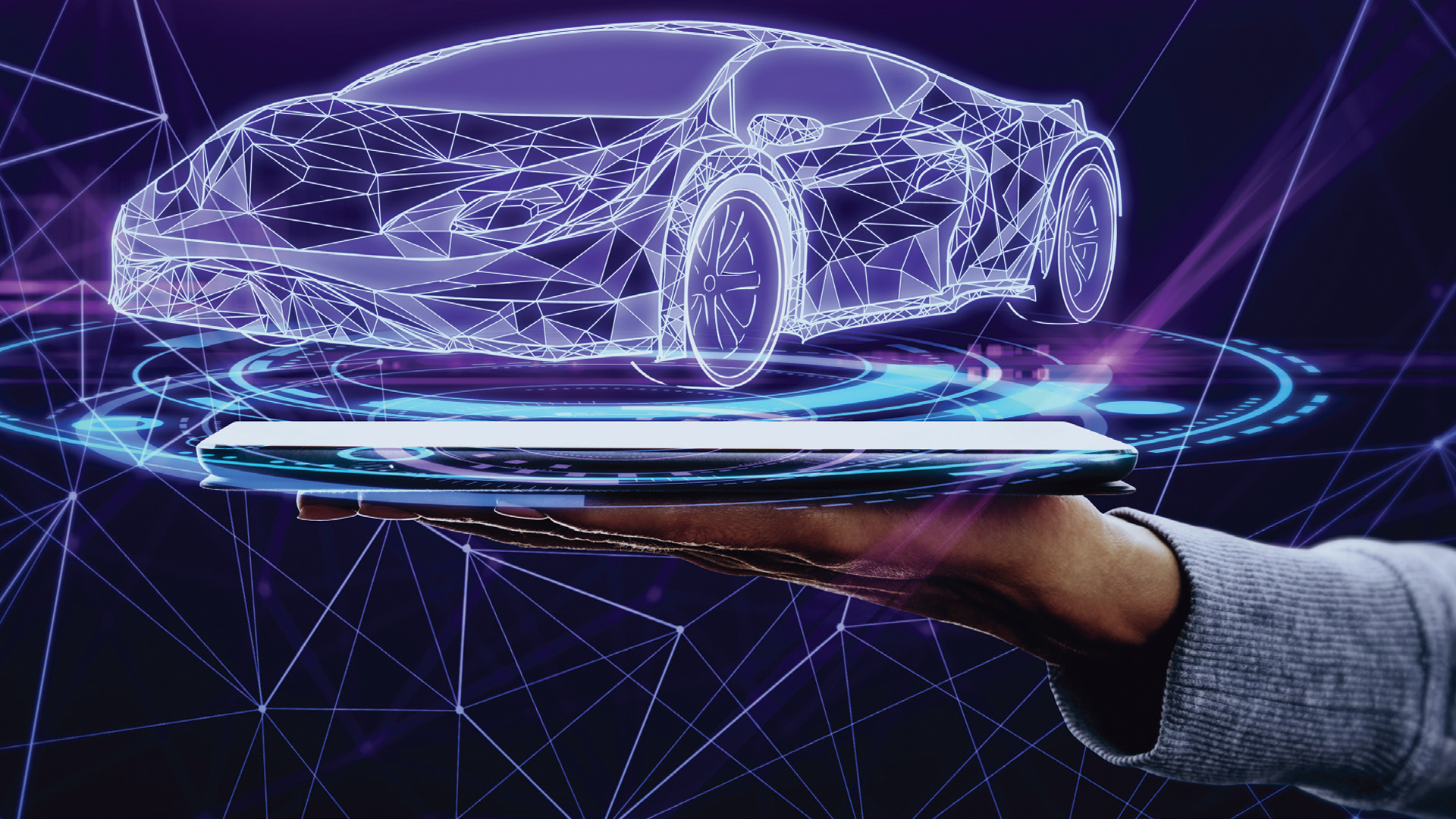 Holographic wireframe sports car floating above digital platform with network lines