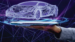 Holographic wireframe sports car floating above digital platform with network lines