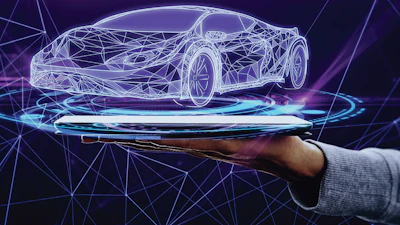 Holographic wireframe sports car floating above digital platform with network lines