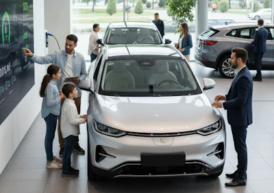Family with children examining electric car in modern dealership showroom