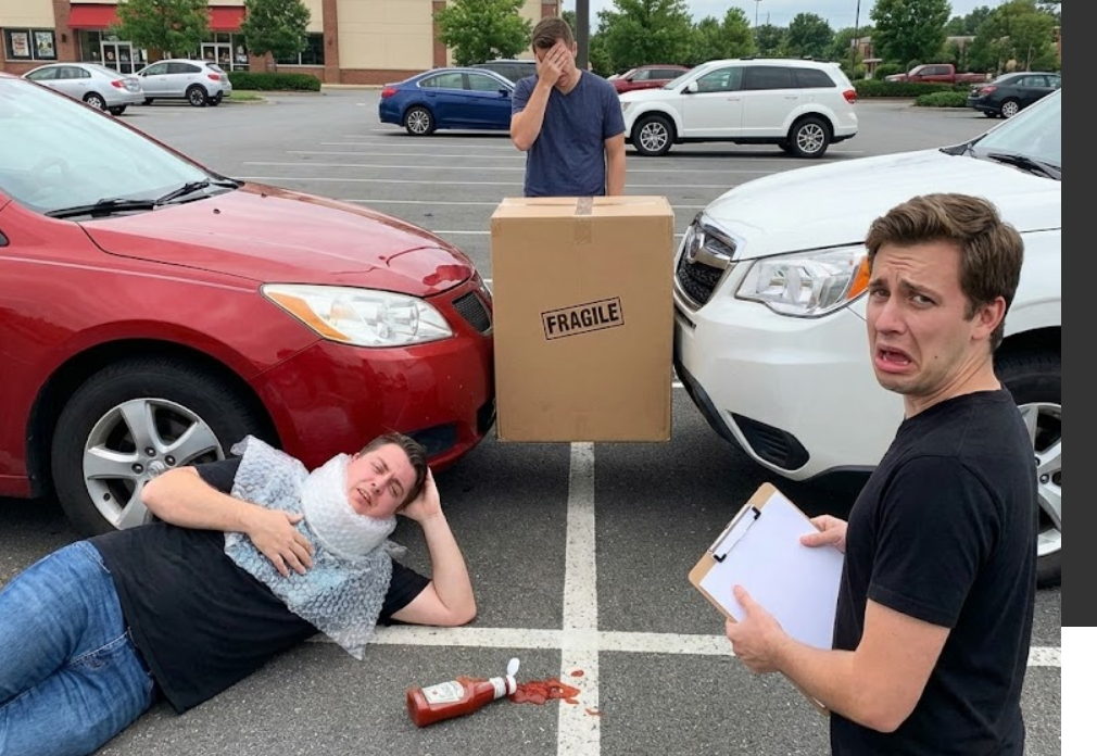 Comedic scene of two people with a fragile box and spilled ketchup in parking lot