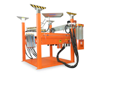 Orange industrial machinery with hydraulic components and safety markings