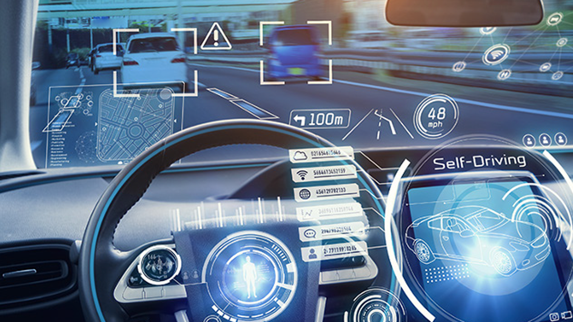Futuristic self-driving car dashboard with digital navigation and AI interface
