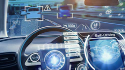 Futuristic self-driving car dashboard with digital navigation and AI interface