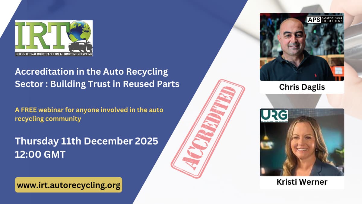 IRT webinar on auto recycling accreditation featuring speakers Chris Daglis and Kristi Werner