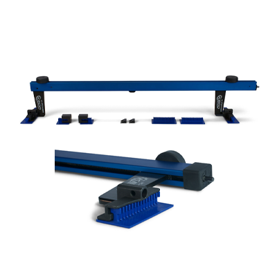 Modular blue and black industrial mounting rail system with adjustable components
