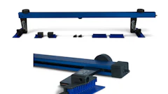 Modular blue and black industrial mounting rail system with adjustable components